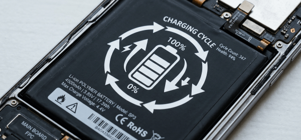 Lithium-ion polymer battery inside a smartphone showing charging cycle and specifications