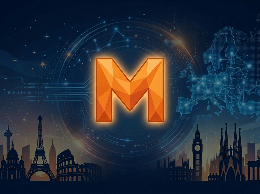Purple Mistral AI logo above European city skylines and a digital map of Europe