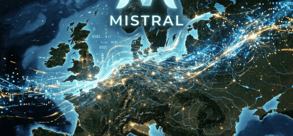 Map of Europe with illuminated cities and flowing digital data streams