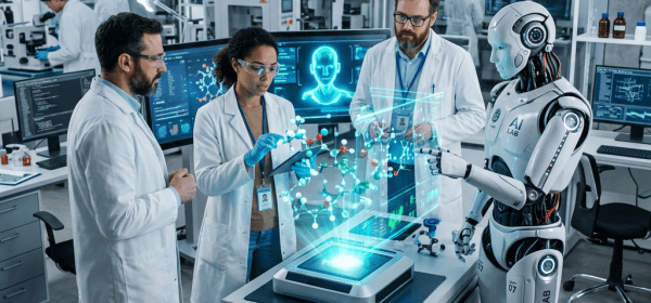 Scientists and humanoid robot examining holographic molecular model in laboratory