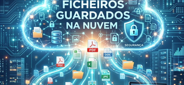 Cloud with text 'Ficheiros Guardados Na Nuvem' showing icons for PDF, DOC, XLS, JPG, and MP4 files linking to laptop, smartphone, tablet, and desktop