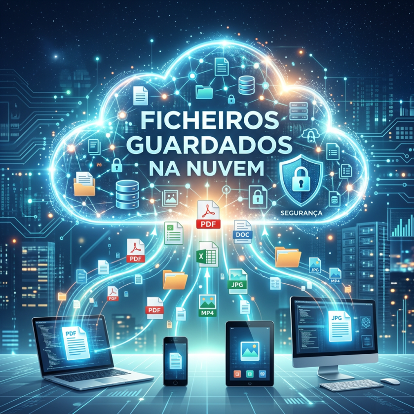 Cloud with text 'Ficheiros Guardados Na Nuvem' showing icons for PDF, DOC, XLS, JPG, and MP4 files linking to laptop, smartphone, tablet, and desktop