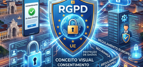 Digital graphic illustrating GDPR shield with data security icons, cloud storage, and privacy concepts